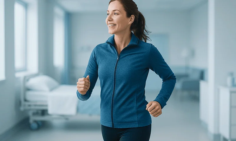 Healthy woman jogging in hospital corridor for wellness and recovery.