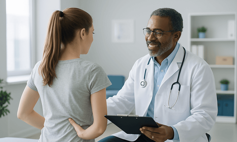 Doctor consulting with a young female patient in a medical office.