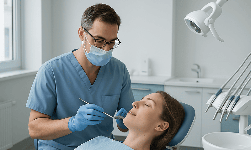 Dentist performing a dental examination on a patient in a clinical setting.