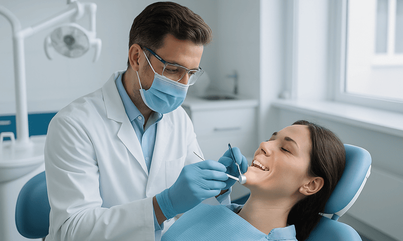 Dentist examining patient's teeth in a modern dental clinic.