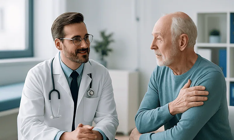 Doctor consulting with elderly patient about shoulder pain and arthritis.