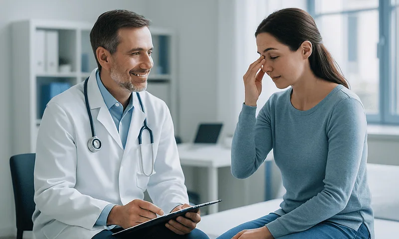 Doctor consulting with a woman patient in a medical office.