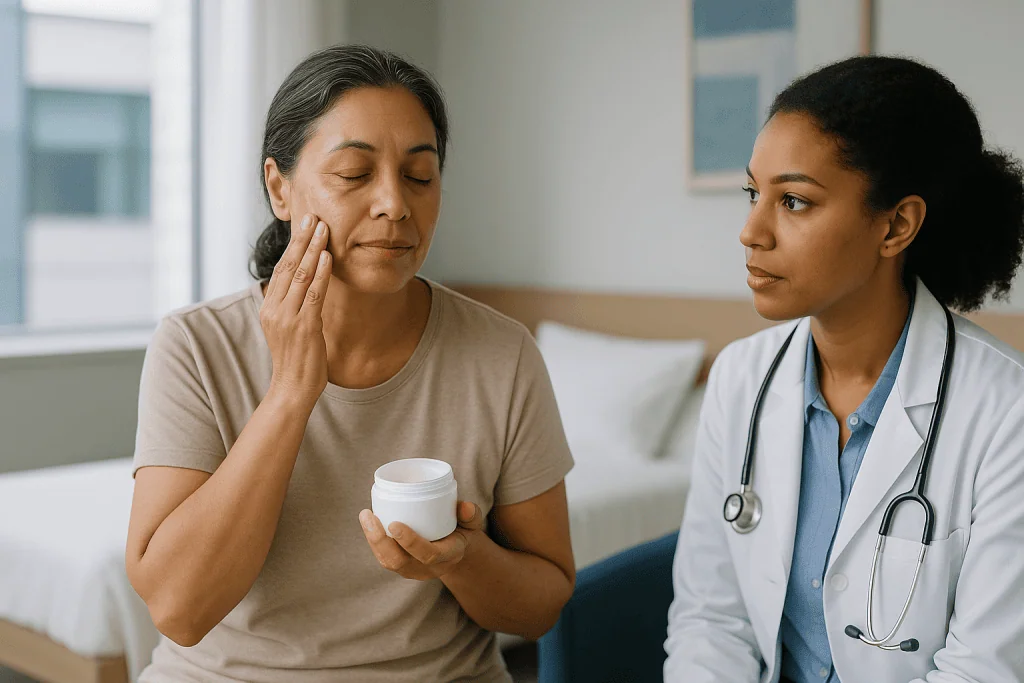 Doctor consulting patient holding skincare cream jar: Is slugging good for skin? What the evidence actually says