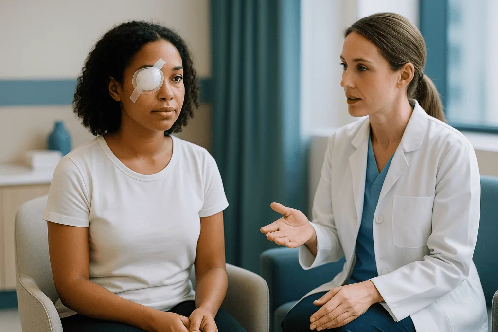 Doctor consulting patient with eye patch in office: Is SMILE eye surgery painful? What the first day feels like