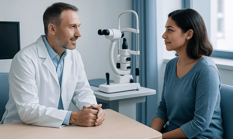 Ophthalmologist consulting with a patient in a modern clinic.