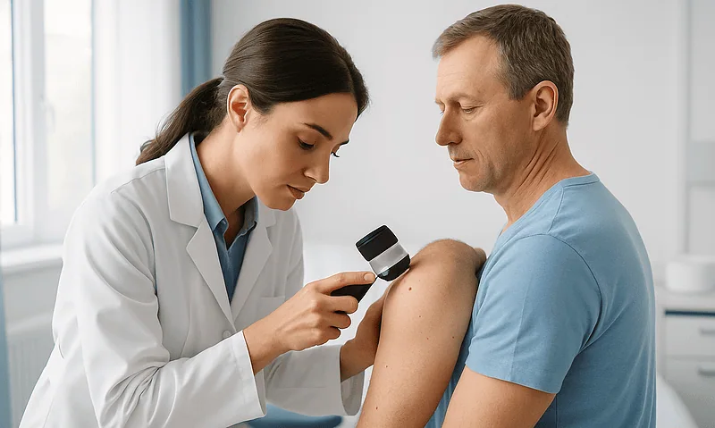 Doctor examining patient's arm in a clinical setting.