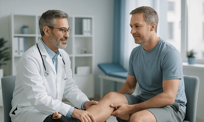 Doctor examining patient's ankle in a medical consultation room.