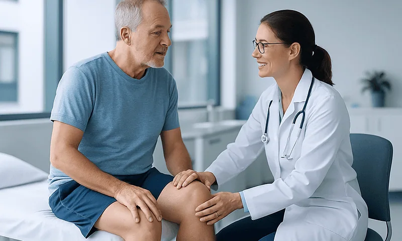 Doctor examining patient's knee in a hospital setting.