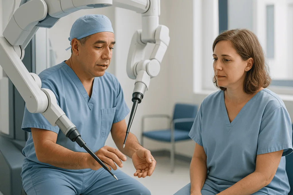 Surgeon and nurse discussing in operating room: Is the robot operating on me? How the surgeon controls the arms