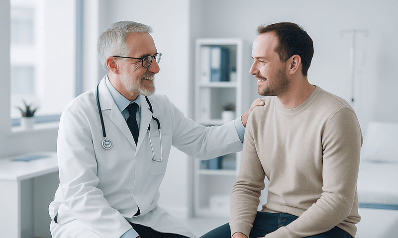 Doctor talking to patient in a medical consultation room.