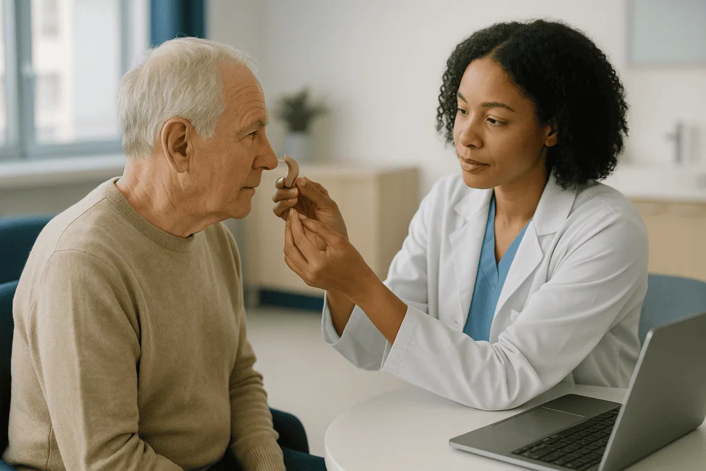 Doctor examining elderly patient's ear during consultation: Is there a device that helps deaf people hear? Hearing aids, exp