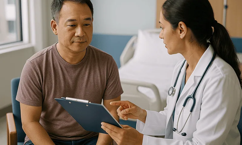 Doctor discussing hepatitis B test results with patient in clinic.