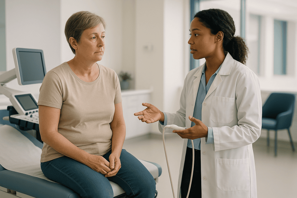 Doctor consulting with middle-aged female patient in clinic: Is there a pancreatic cancer screening test for everyone?