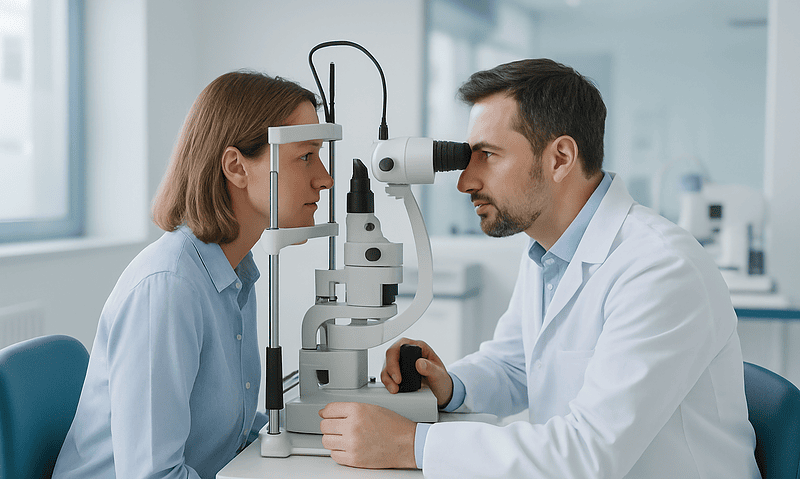 Optometrist examines patient's eyes with slit lamp in clinic.
