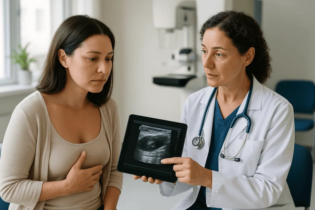 Doctor showing ultrasound image to female patient consultation: Is there another test instead of a mammogram?
