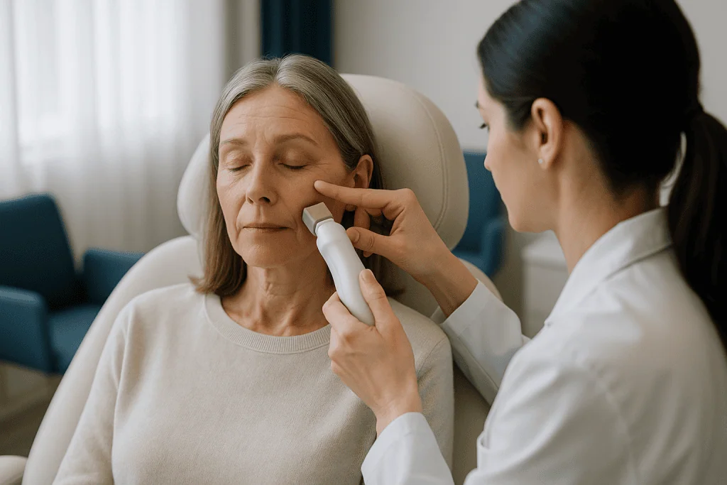 Dermatologist examining patient's facial skin with handheld device — Is Tixel good for under eyes? What tixel for under eyes 