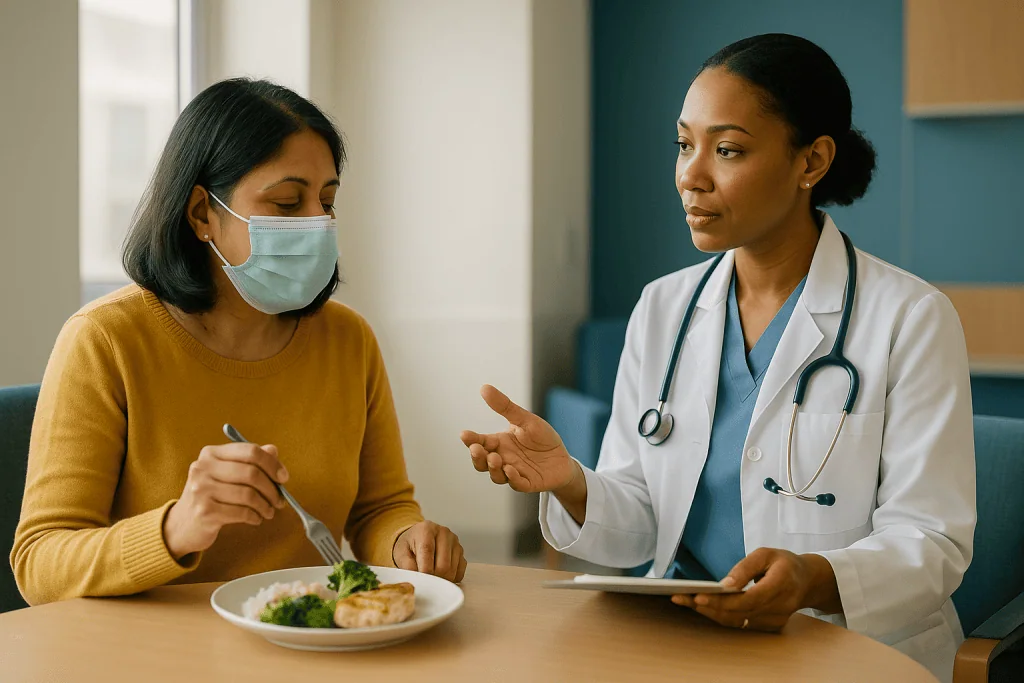 Doctor consulting patient about diet and nutrition: Is tuberculosis contagious at home once treatment starts?