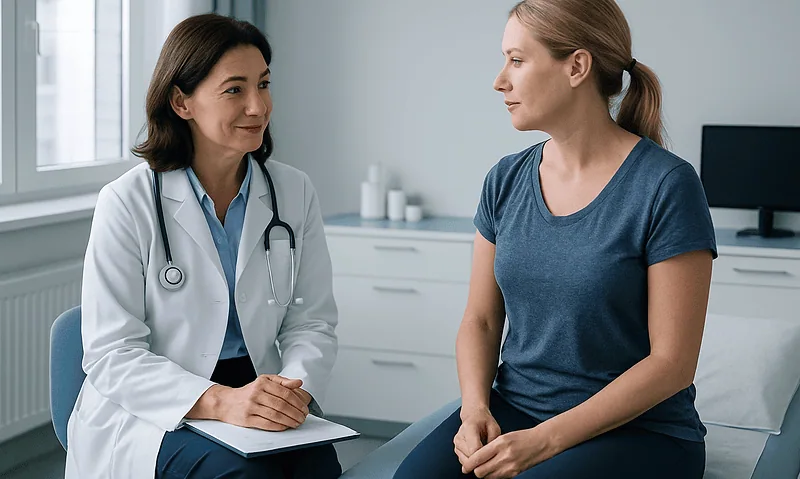 Doctor consulting with patient in a medical office setting.