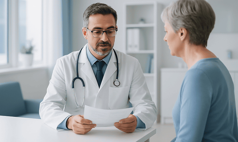 Doctor consulting with an elderly female patient in a modern clinic.