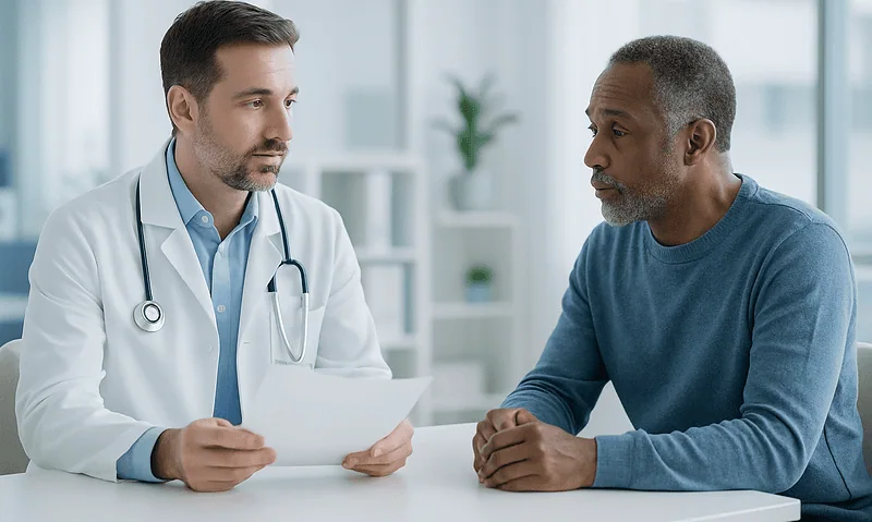 Doctor consulting with patient in a medical office setting.