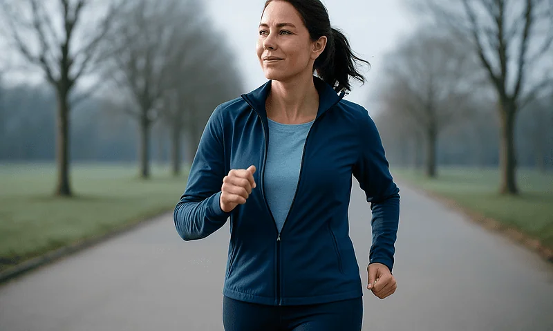 Woman jogging outdoors in a park on a cloudy day.