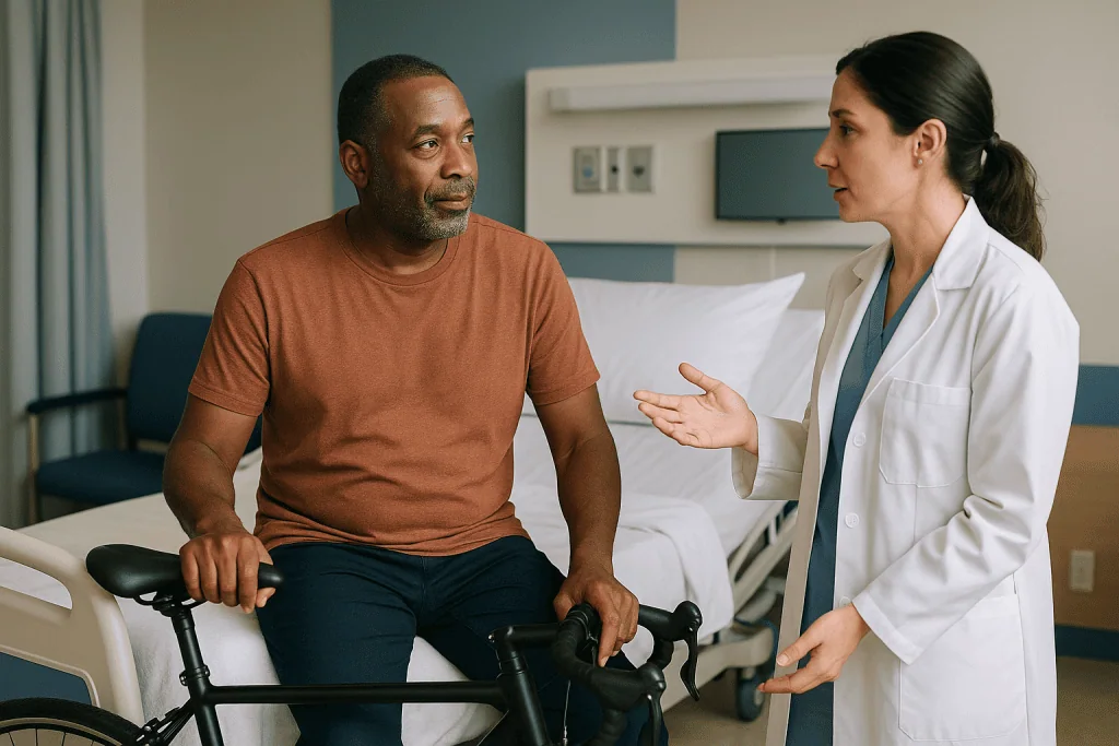 Doctor consulting male patient on stationary bike indoors: Is urethroplasty a major surgery?