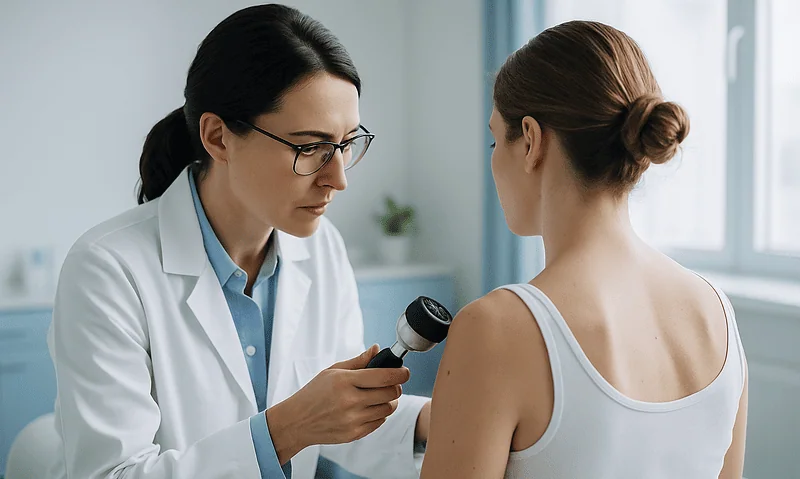Doctor examining patient's skin elasticity for Vaser Liposuction suitability.