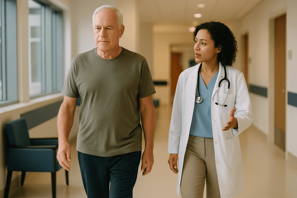 Doctor and patient walking in hospital corridor — Is Walking Enough to Protect Your Heart?