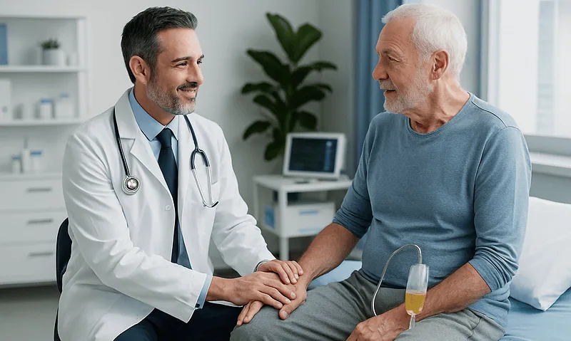 Doctor consulting with elderly patient in hospital room.