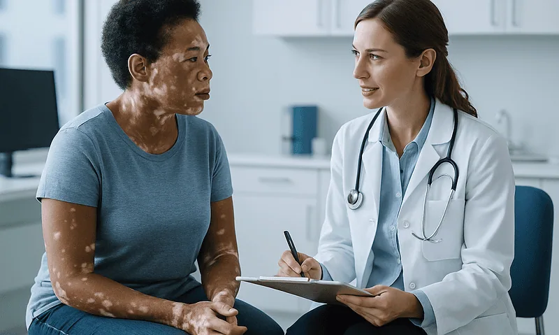 Doctor consulting with a patient about vitiligo treatment options.