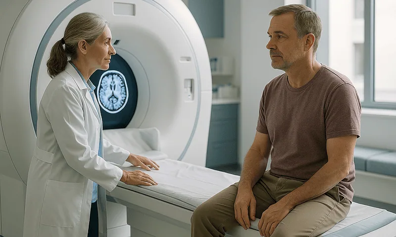 Doctor consulting with a male patient in a hospital MRI room.
