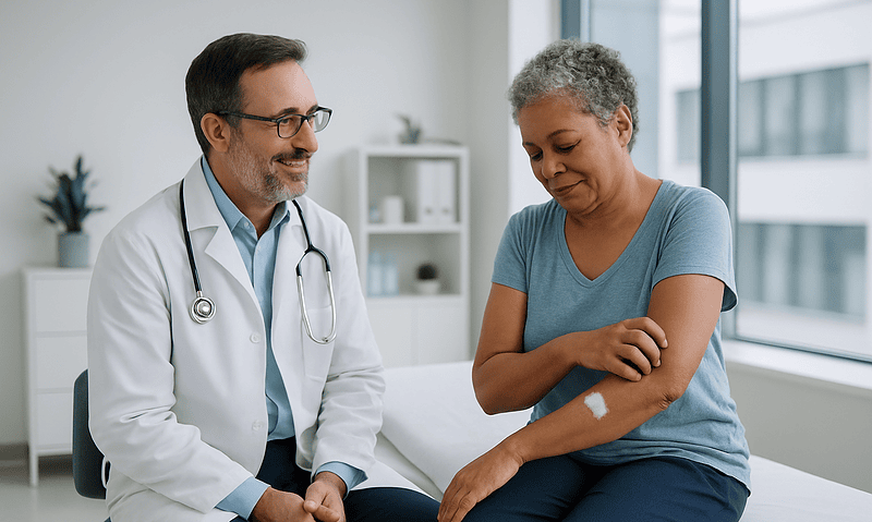 Doctor consulting with a patient about post-surgery itching in a modern clinic.