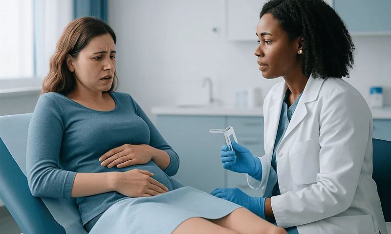 Doctor explaining IUD insertion to patient in a clinical setting.
