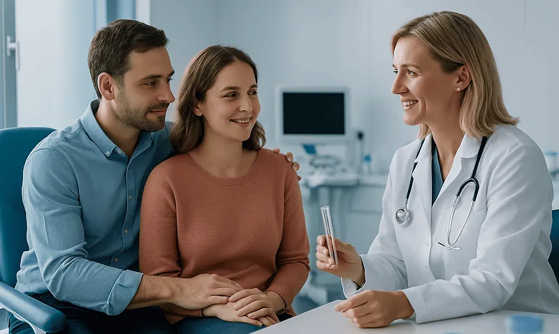 Fertility consultation at Acibadem Hospital with doctor and couple.