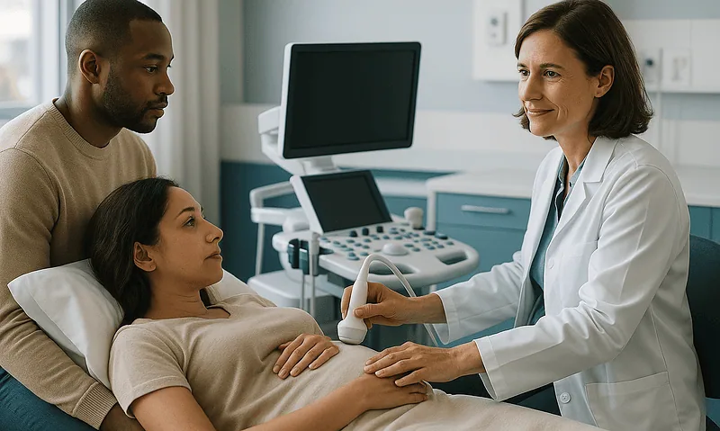 Fertility specialist consulting with a couple in a hospital room.