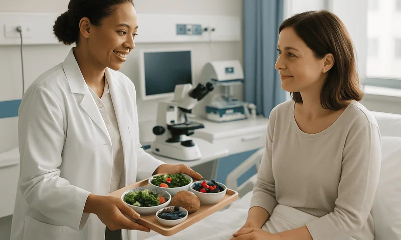 Doctor offering healthy foods to a patient in a medical consultation room.