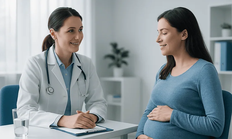Doctor consulting pregnant woman in a medical office.