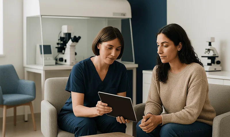 Doctor explaining IVF process to a patient in a medical clinic.
