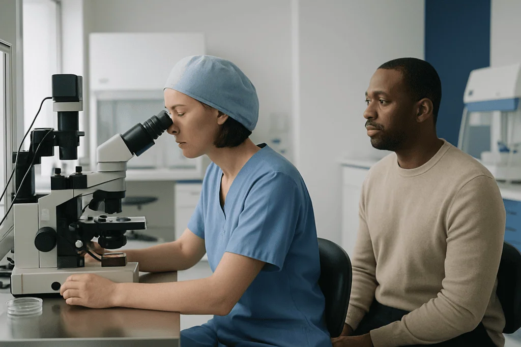 Medical professional examining a sample through a microscope in a laboratory setting.