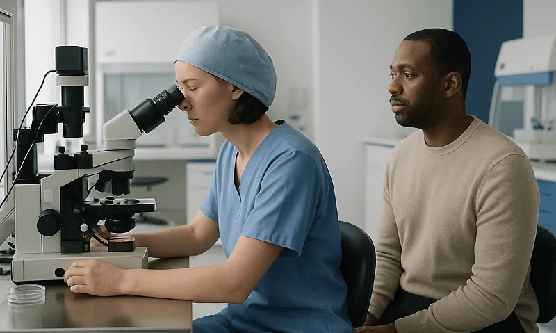 Medical professional examining a sample through a microscope in a laboratory setting.