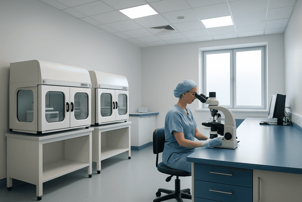 Laboratory technician examining samples with a microscope in a modern medical lab.