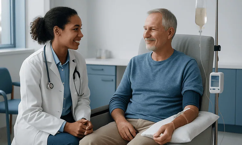 Doctor and patient smiling during consultation in hospital room.