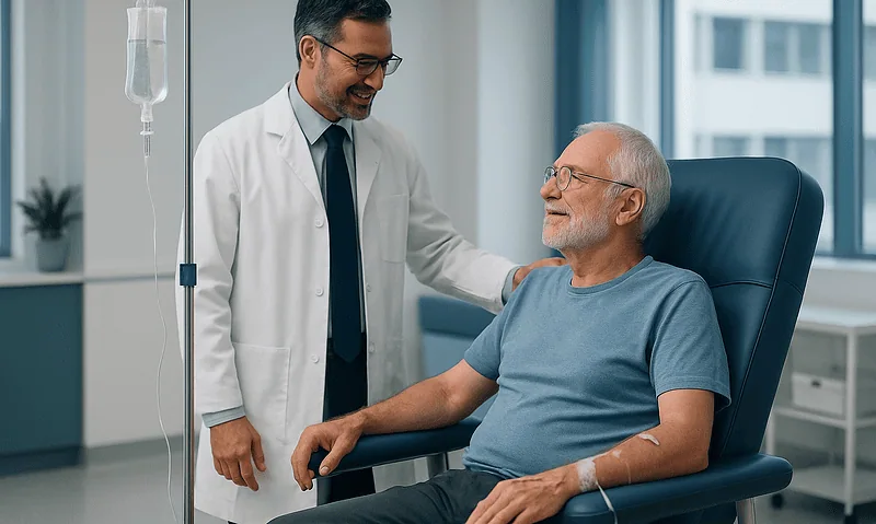 Doctor consulting with elderly patient in hospital room.