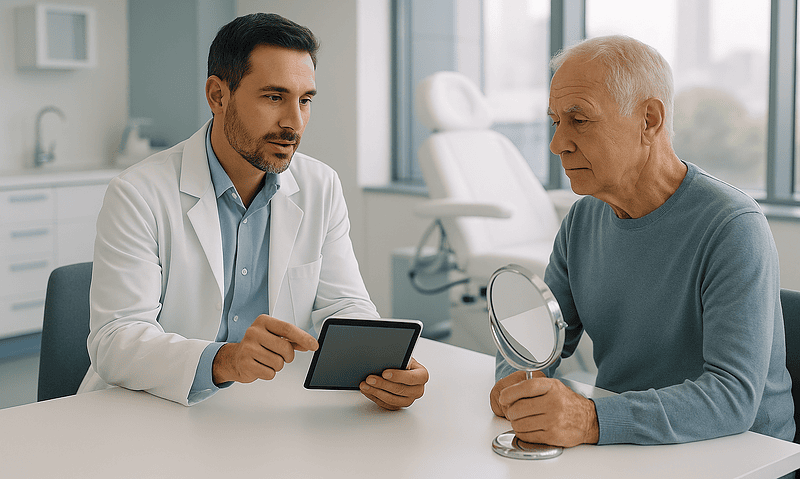 Doctor consulting with elderly patient in modern clinic setting.