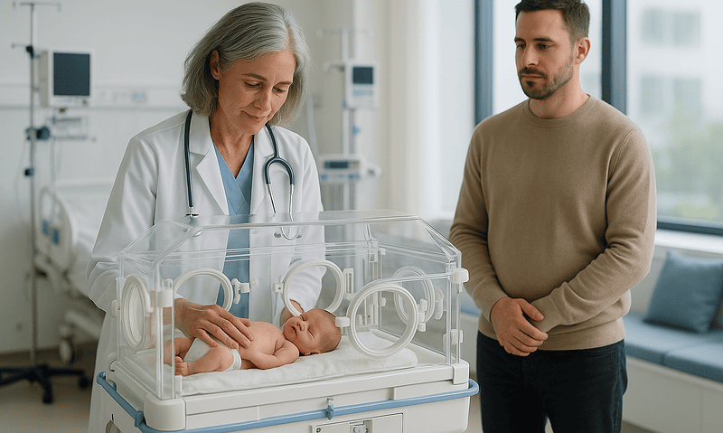 Doctor examining a newborn in a neonatal incubator at Acibadem Hospital.