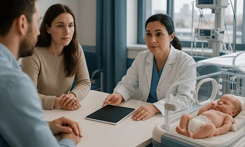 Doctor consulting parents of a newborn in hospital room with medical equipment.