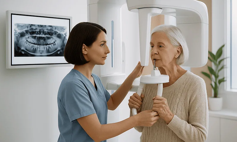 Dental X-ray being examined by a healthcare professional and an elderly patient.