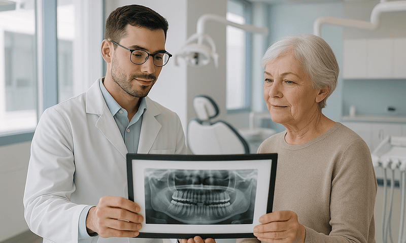 Dentist showing elderly woman her dental X-ray in clinic.