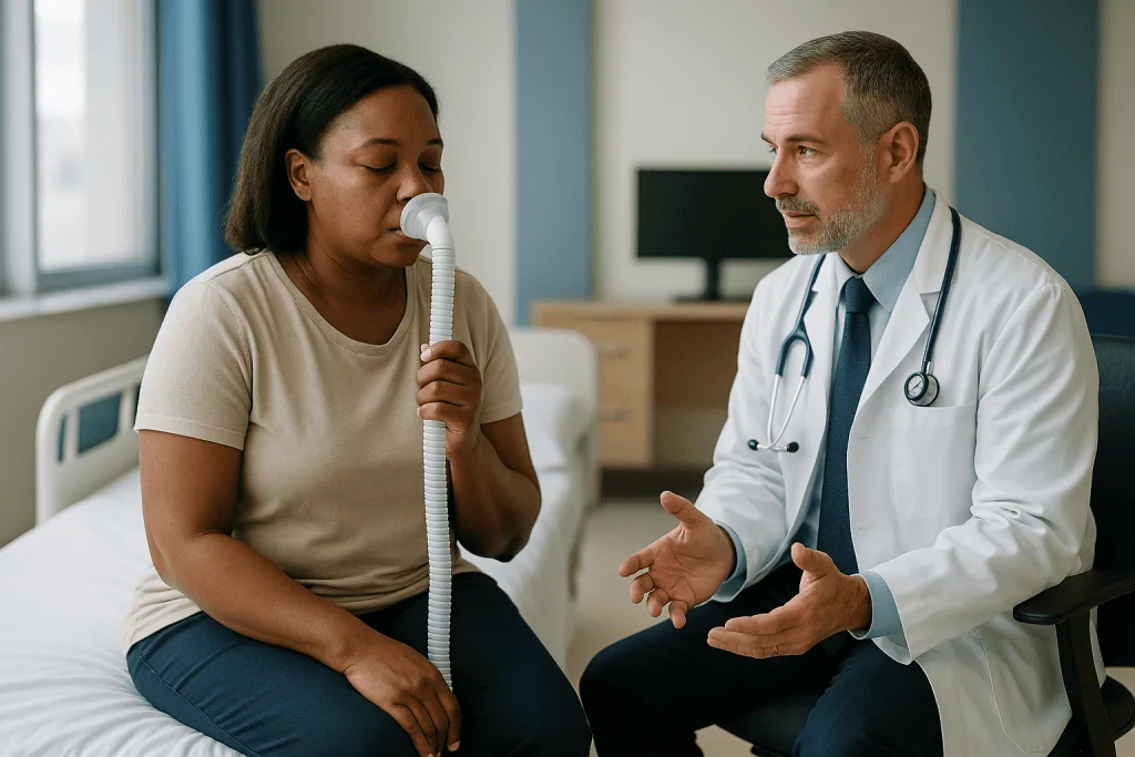 Doctor consulting patient using spirometer device: Jaw surgery for sleep apnea: when breathing, not the bite, drives the dec