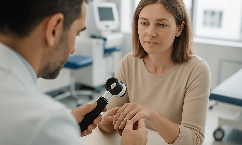 Doctor examining patient's hand in a medical consultation room.